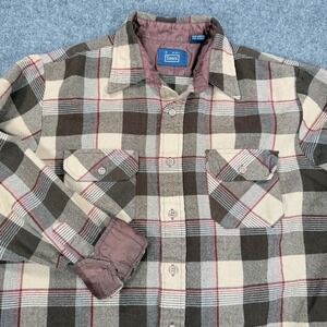 Vintage Sears Mens Plaid Flannel Shirt Brown Tan Red Acrylic Size M 15-15.5